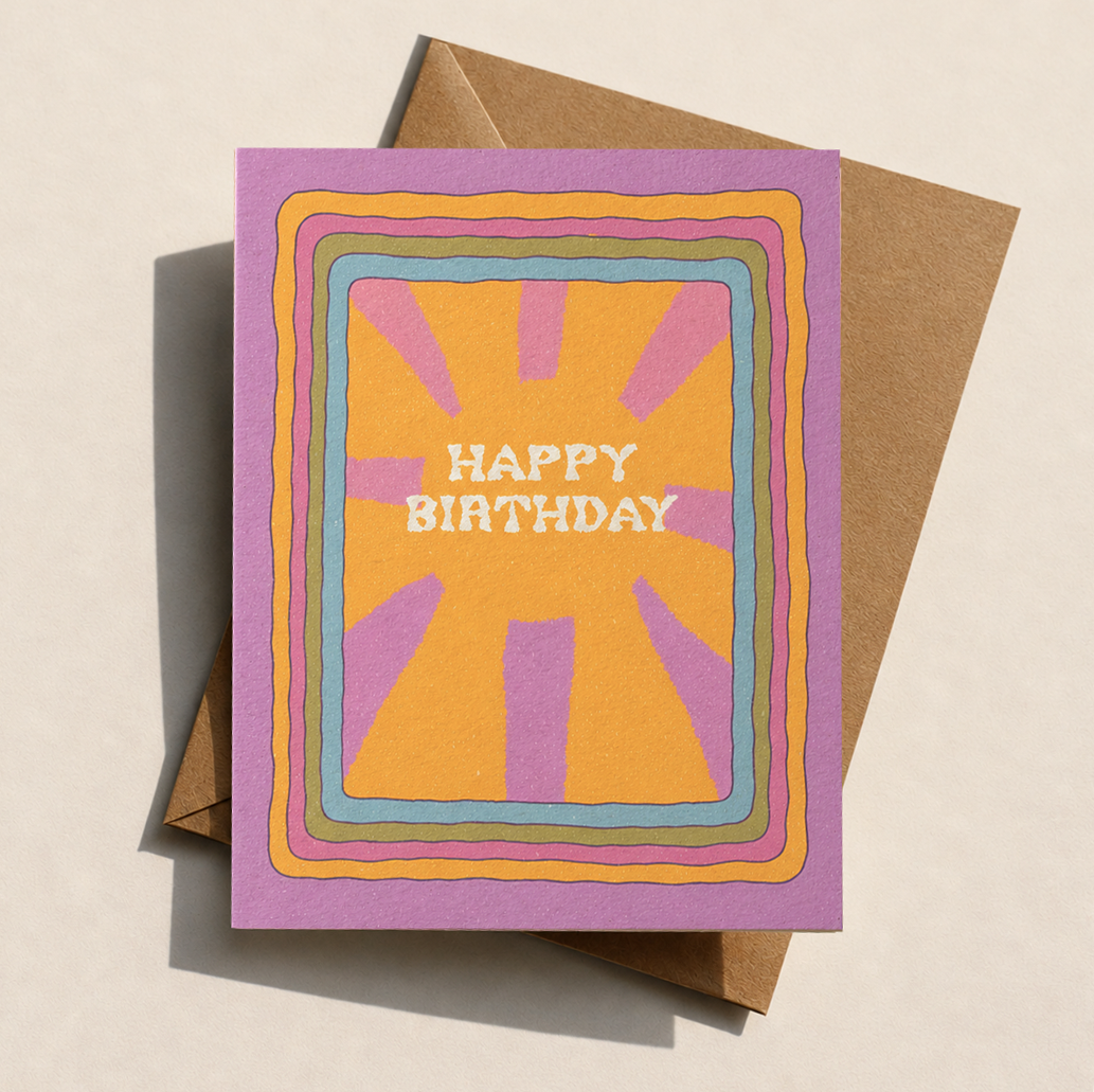 Happy Birthday Greeting Card | Retro Sunburst Design
